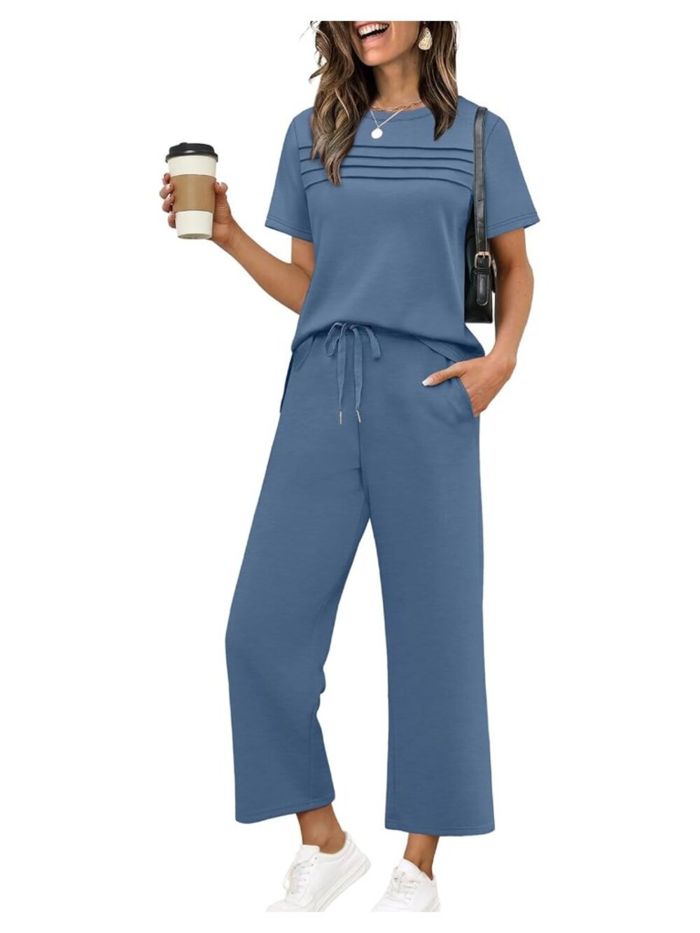 Two Piece Set Short Sleeve Top Wide Leg Crop Pants Lounge Travel